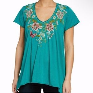 NWT JOHNNY WAS CECILE TURQUOISE DRAPE TOP IN SIZE XS